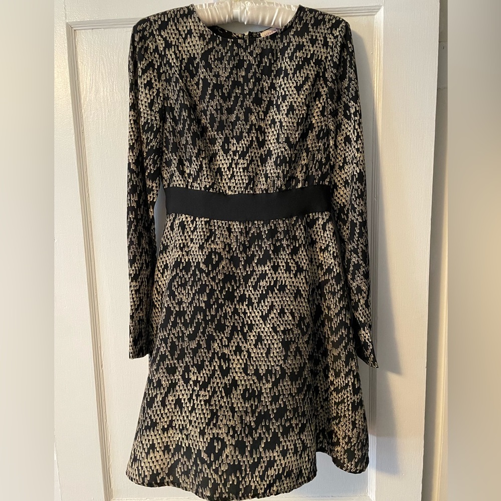 Mid length, silk dress. Zipper in back and cuffed sleeves.